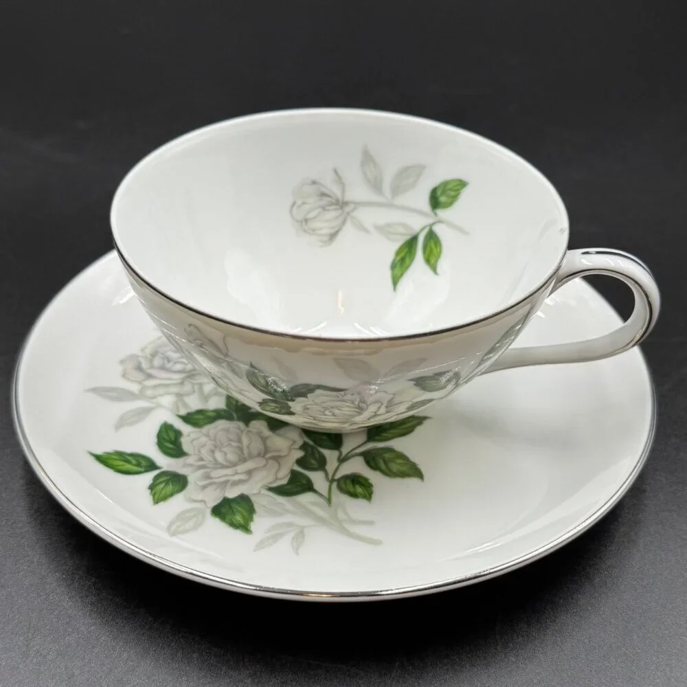 Vintage Sone China Platinum Trim Floral Teacup & Saucer Collectible Porcelain